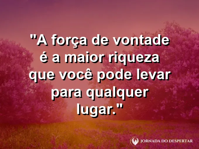 Baú de luz sendo carregado por um viajante com frase sobre riqueza e vontade.