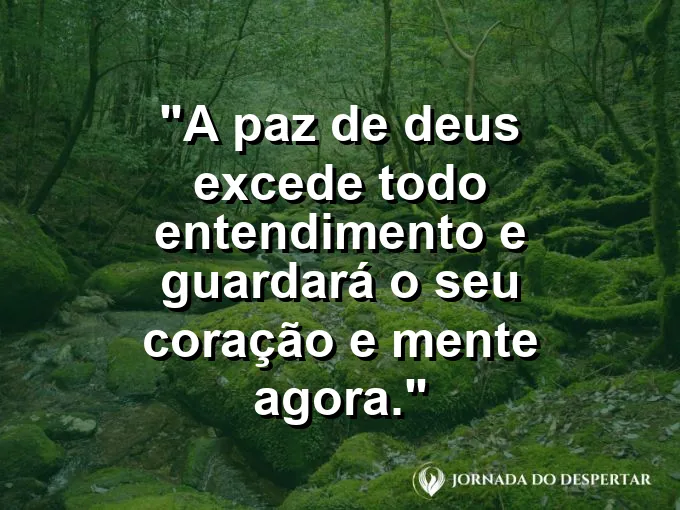 Lago calmo refletindo o céu azul sem nuvens com texto sobre a paz de Deus.