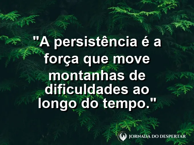 Cachoeira batendo em rochas no fundo de um vale com frase sobre persistência.