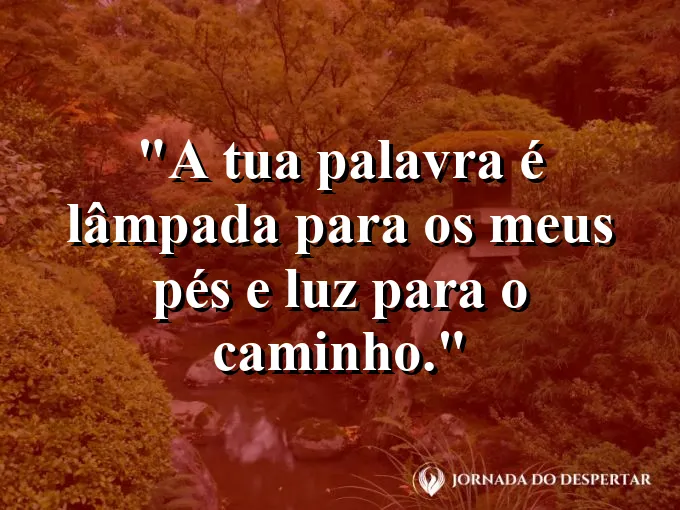 Caminho na floresta iluminado por uma lanterna com texto bíblico de direção.