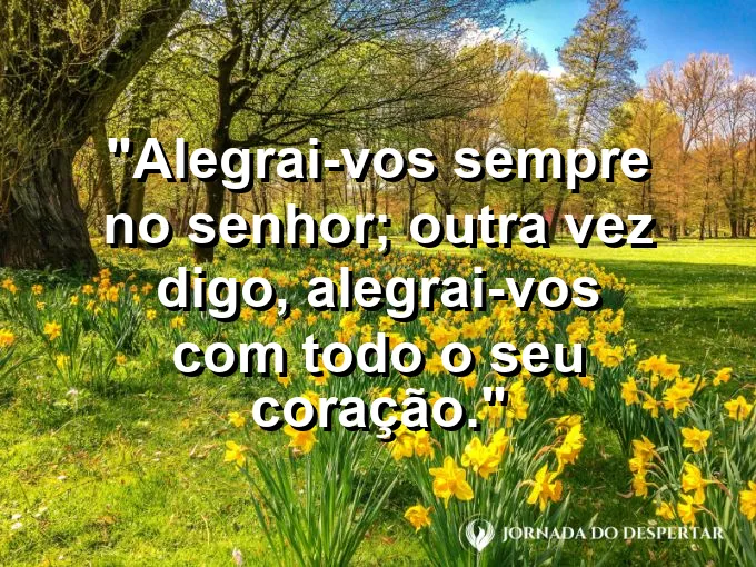 Grupo de pessoas rindo juntas em luz quente com frase sobre alegria no Senhor.