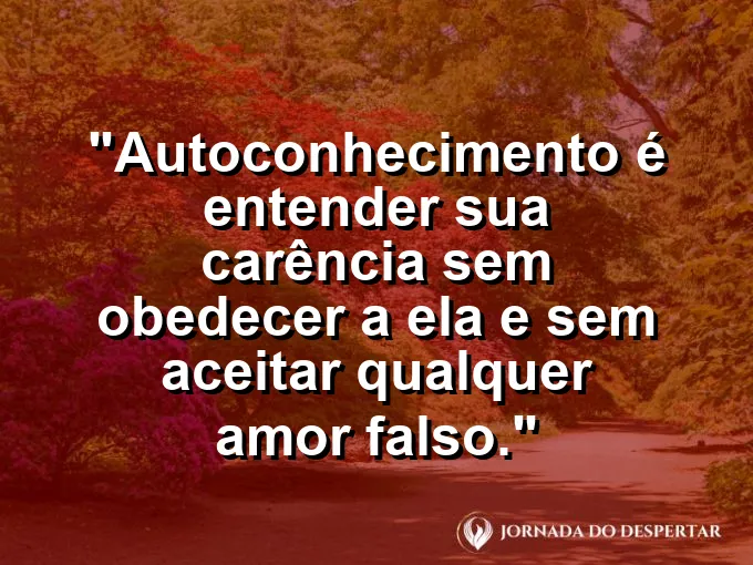 Frase sobre autoconhecimento e autoestima: Autoconhecimento é entender sua carência sem obedecer a ela e sem aceitar qualquer amor falso.