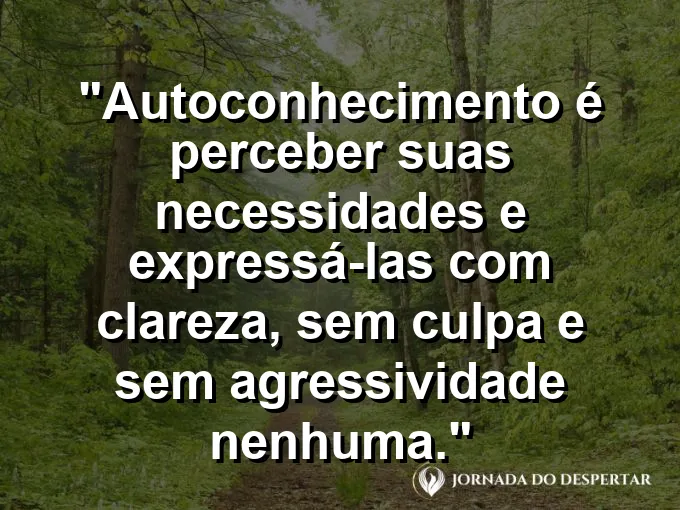 Frase sobre autoconhecimento e autoestima: Autoconhecimento é perceber suas necessidades e expressá-las com clareza, sem culpa e sem agressividade nenhuma.