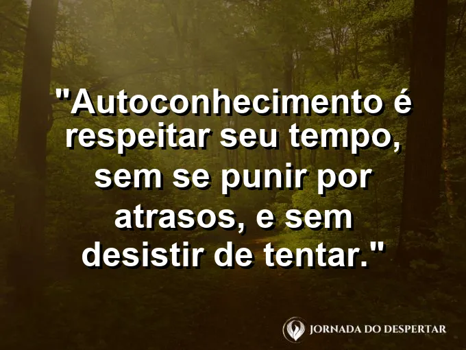 Frase sobre autoconhecimento e autoestima: Autoconhecimento é respeitar seu tempo, sem se punir por atrasos, e sem desistir de tentar.
