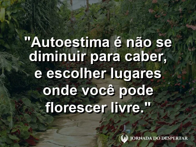 Frase sobre autoconhecimento e autoestima: Autoestima é não se diminuir para caber, e escolher lugares onde você pode florescer livre.