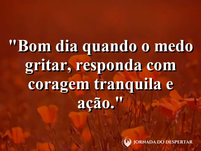 Imagem com a frase: Bom dia: quando o medo gritar, responda com coragem tranquila e ação.