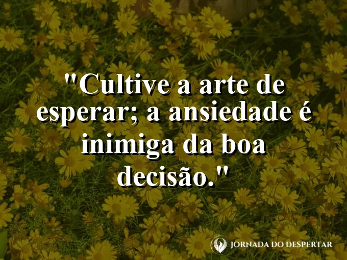 Frase sobre espera: Cultive a arte de esperar; a ansiedade é inimiga da boa decisão.