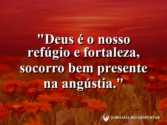Rocha sólida no meio de ondas gigantes com frase sobre refúgio e fortaleza no Senhor Deus.