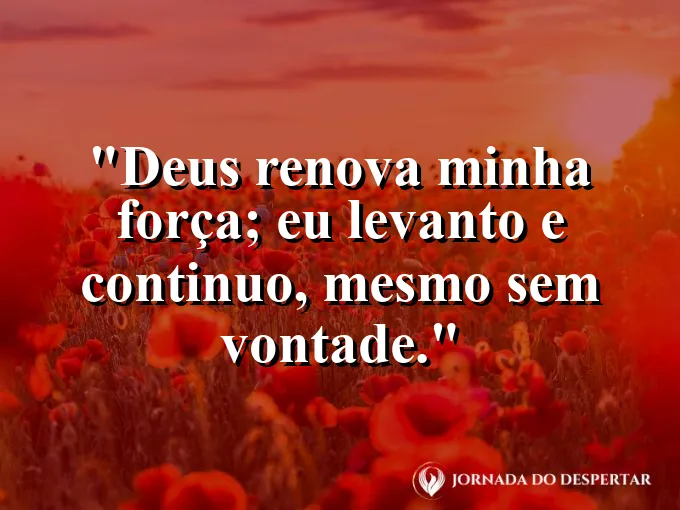 Imagem com a frase: Deus renova minha força; eu levanto e continuo, mesmo sem vontade.
