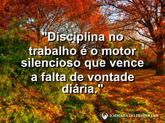 Imagem com a frase motivacional sobre trabalho: Disciplina no trabalho é o motor silencioso que vence a falta de vontade diária.