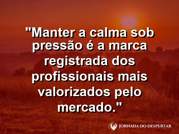 Mergulhador sereno em águas profundas e agitadas com frase sobre calma sob pressão no trabalho moderno.