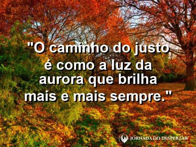 Estrada que leva ao sol nascente com frase bíblica sobre o caminho do justo brilhando.