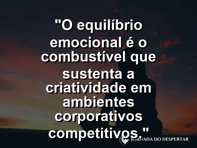 Lâmpada colorida flutuando sobre uma mesa de escritório limpa com frase sobre equilíbrio e criatividade.