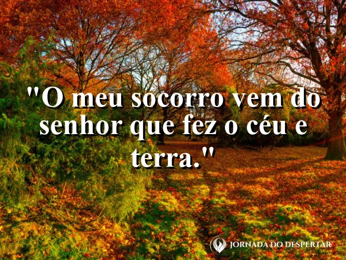 Céu estrelado sobre montanhas escuras com frase sobre a origem do nosso socorro divino.