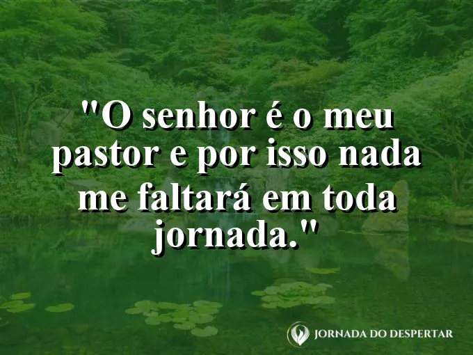 Campo verdejante com ovelhas descansando sob a luz do sol e frase do Salmo vinte e três.