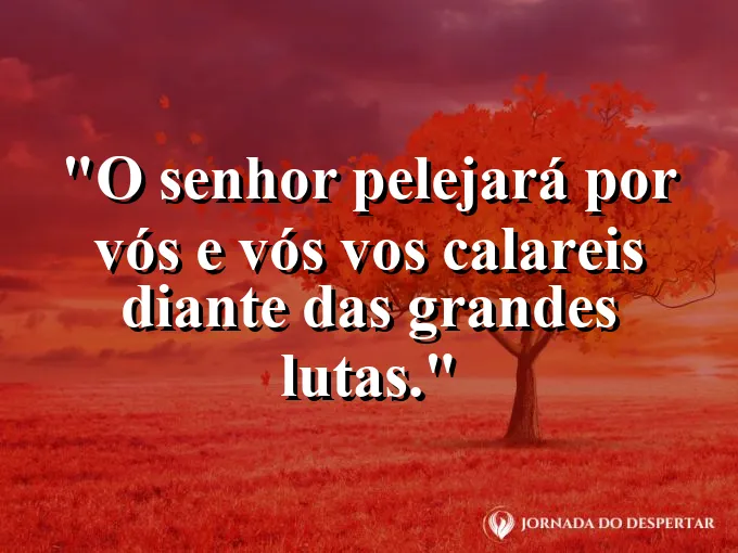 Guerreiro de joelhos em oração diante de um campo de batalha com frase de vitória divina.