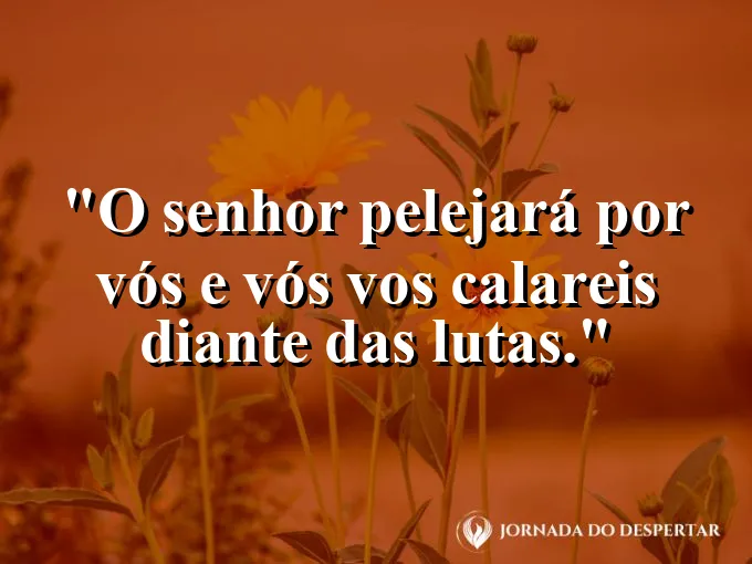 Guerreiro de joelhos em oração diante de um campo de batalha com frase de vitória divina.