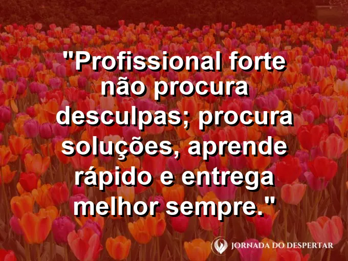Imagem com a frase motivacional sobre trabalho: Profissional forte não procura desculpas; procura soluções, aprende rápido e entrega melhor sempre.