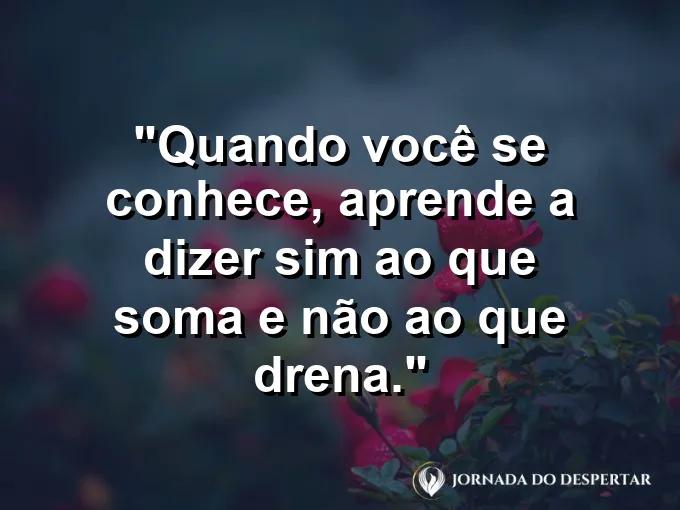Frase sobre autoconhecimento e autoestima: Quando você se conhece, aprende a dizer sim ao que soma e não ao que drena.