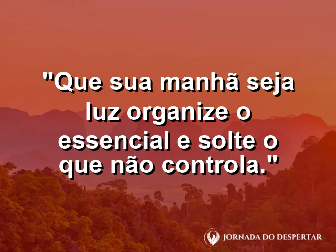 Imagem com a frase: Que sua manhã seja luz: organize o essencial e solte o que não controla.