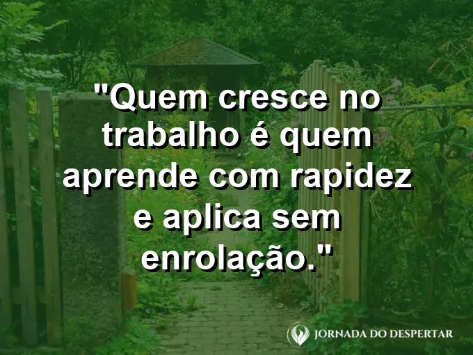 Imagem com a frase motivacional sobre trabalho: Quem cresce no trabalho é quem aprende com rapidez e aplica sem enrolação.