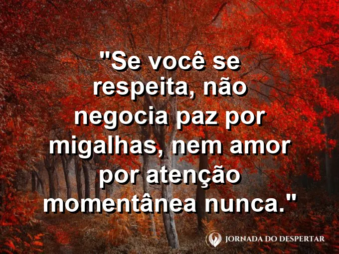 Frase sobre autoconhecimento e autoestima: Se você se respeita, não negocia paz por migalhas, nem amor por atenção momentânea nunca.