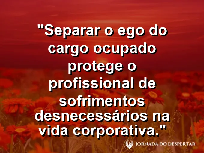Crachá sobre uma mesa de madeira com frase sobre separar o ego do cargo ocupado.