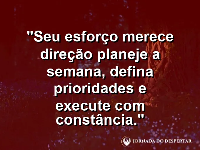 Imagem com a frase motivacional sobre trabalho: Seu esforço merece direção: planeje a semana, defina prioridades e execute com constância.