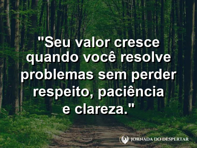 Imagem com a frase motivacional sobre trabalho: Seu valor cresce quando você resolve problemas sem perder respeito, paciência e clareza.