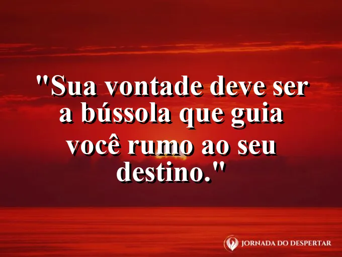 Mão segurando bússola em alto mar com frase sobre vontade e destino.