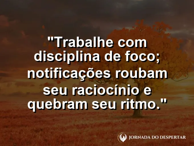 Imagem com a frase motivacional sobre trabalho: Trabalhe com disciplina de foco; notificações roubam seu raciocínio e quebram seu ritmo.