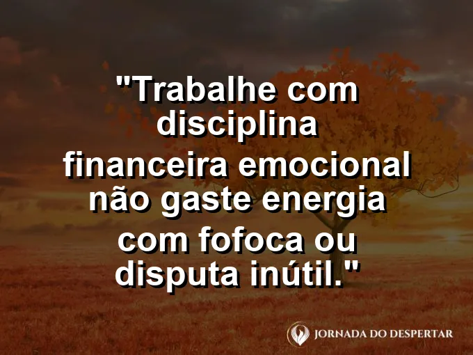 Imagem com a frase motivacional sobre trabalho: Trabalhe com disciplina financeira emocional: não gaste energia com fofoca ou disputa inútil.