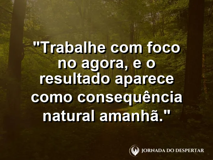 Imagem com a frase motivacional sobre trabalho: Trabalhe com foco no agora, e o resultado aparece como consequência natural amanhã.
