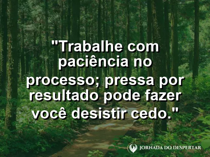 Imagem com a frase motivacional sobre trabalho: Trabalhe com paciência no processo; pressa por resultado pode fazer você desistir cedo.