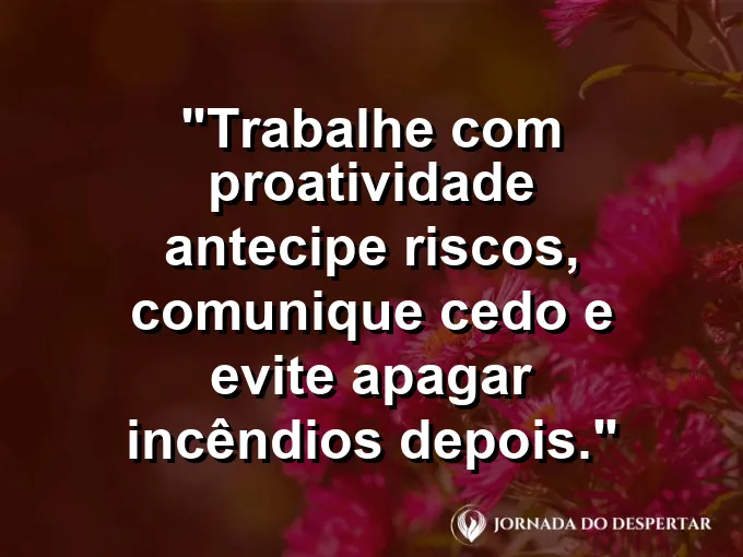 Imagem com a frase motivacional sobre trabalho: Trabalhe com proatividade: antecipe riscos, comunique cedo e evite apagar incêndios depois.