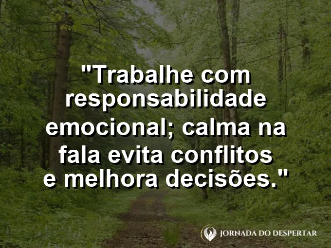Imagem com a frase motivacional sobre trabalho: Trabalhe com responsabilidade emocional; calma na fala evita conflitos e melhora decisões.