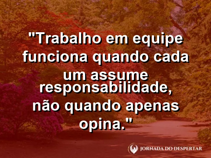 Imagem com a frase motivacional sobre trabalho: Trabalho em equipe funciona quando cada um assume responsabilidade, não quando apenas opina.
