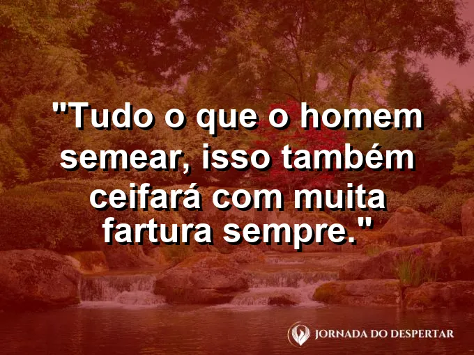 Mão soltando sementes em solo fértil com luz solar e frase sobre a lei da semeadura.