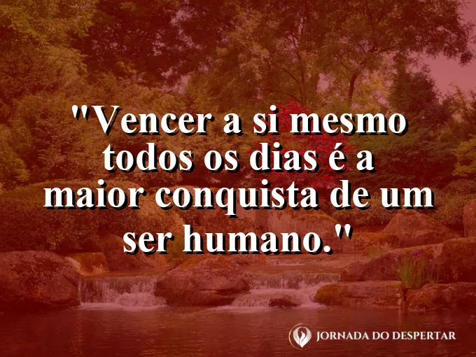Homem encarando seu próprio reflexo com determinação e frase sobre vitória pessoal.