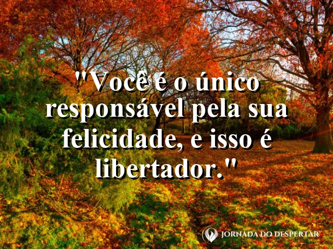 Pessoa rindo sozinha em um campo aberto com frase inspiradora.