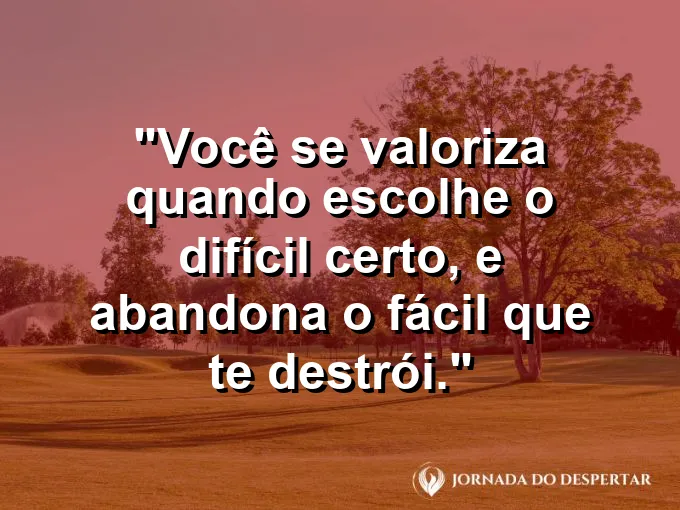 Frase sobre autoconhecimento e autoestima: Você se valoriza quando escolhe o difícil certo, e abandona o fácil que te destrói.